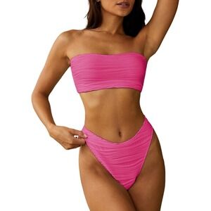 ZAFUL Textured Bandeau Bikini Hot Pink Strapless Cheeky Lace Up Small